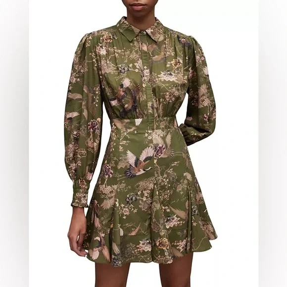 All Saints Keeley Peggy Dress 6 Mini Fit and Flare Crane Print - Picture 1 of 16